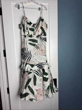 Milly Tropical Leaf Ruffle Slip Dress - White, Green, Blush